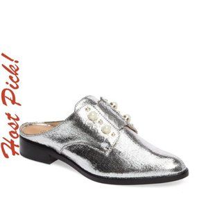Schutz NEW Pearl Stud ALL- Leather Mules Clogs Slip-On Shoes SILVER Women's🎉HP